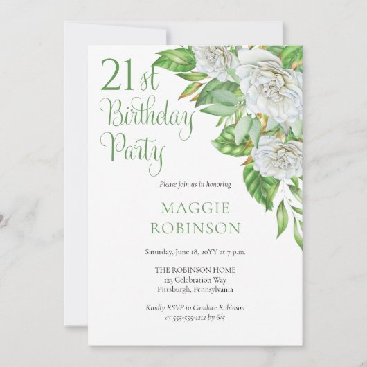 Elegant Waterverf White Roses 21st Birthday Party Kaart (Voorkant)