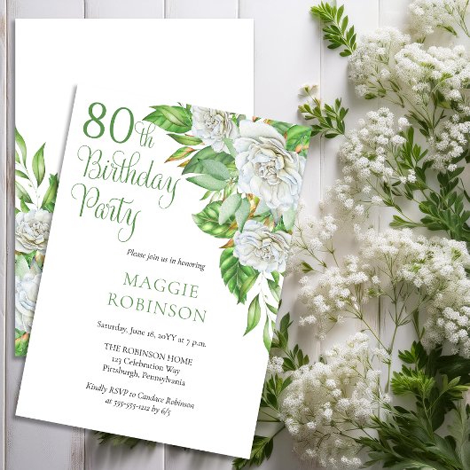 Elegant Waterverf White Roses 80th Birthday Party Kaart