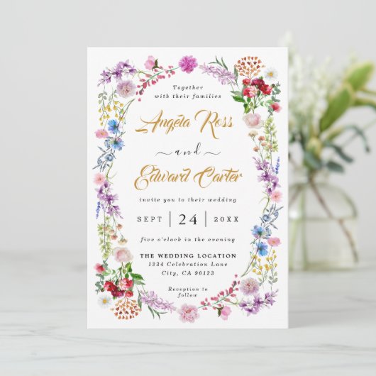 Elegant Waterverf Wild Floral Wedding Uitnodiging (Staand voorkant)