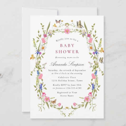 Elegant Waterverf Wild Flowers Baby shower Kaart (Voorkant)