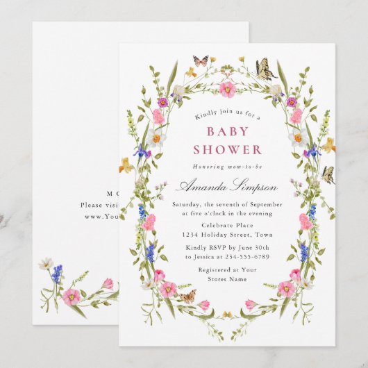 Elegant Waterverf Wild Flowers Baby shower Kaart (Voorkant / Achterkant)