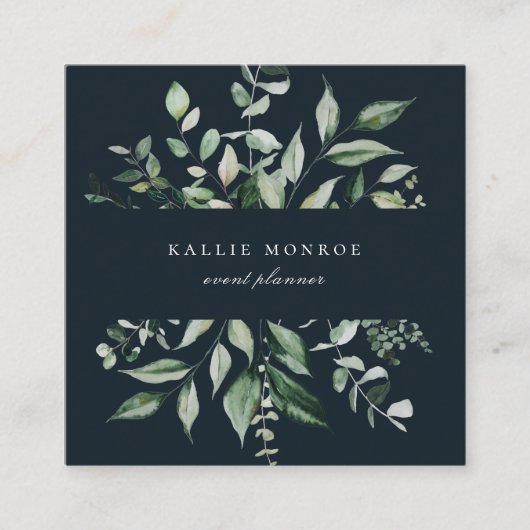 Elegant Waterverf Wild Foliage Dark Blue Vierkante Visitekaartje (Voorkant)