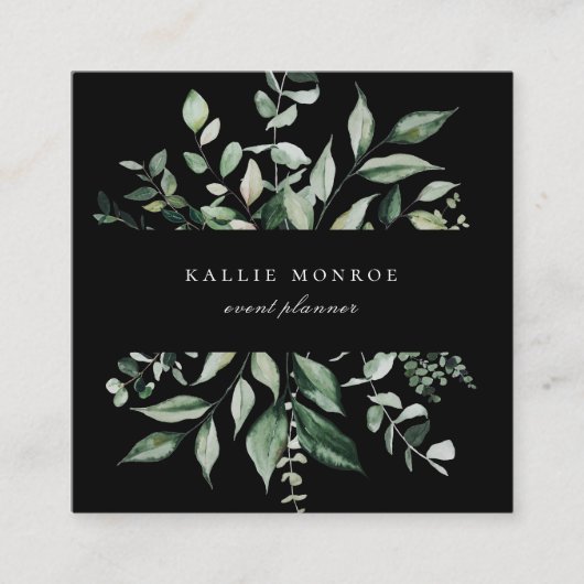 Elegant Waterverf Wild Foliage Dark Vierkante Visitekaartje (Voorkant)