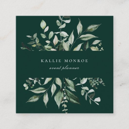 Elegant Waterverf Wild Foliage Emerald Vierkante Visitekaartje (Voorkant)