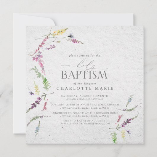 Elegant Waterverf Wildbloem Baby Baptisme Kaart (Voorkant)