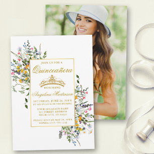 Elegant Waterverf Wildbloemen Foto Quinceanera Kaart