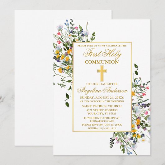 Elegant Waterverf Wildbloemen Gold Commune Kaart (Voorkant / Achterkant)