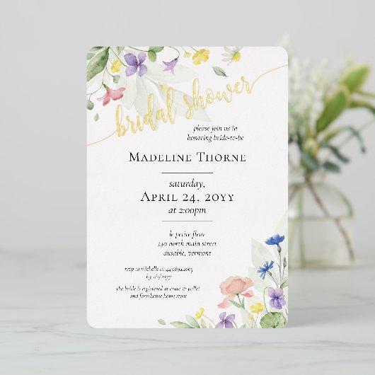 Elegant Waterverf Wilde bloemen Vrijgezellenfeest Folie Uitnodiging (Staand Voorkant)