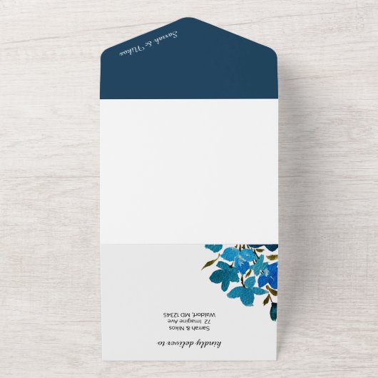 Elegant Waterverf Wilde bloemkorrels van blauw All In One Uitnodiging (Buitenkant)