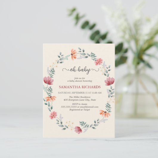 Elegant waterverf wildflower baby shower briefkaart (Staand voorkant)