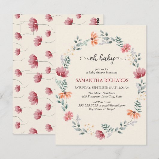 Elegant waterverf wildflower baby shower briefkaart (Voorkant / Achterkant)