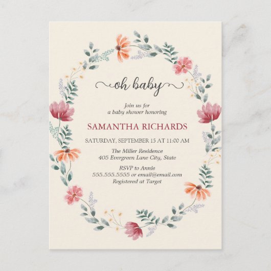 Elegant waterverf wildflower baby shower briefkaart (Voorkant)
