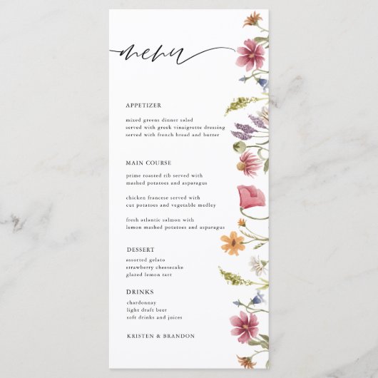 Elegant Waterverf Wildflower Floral Wedding Menu (Voorkant)