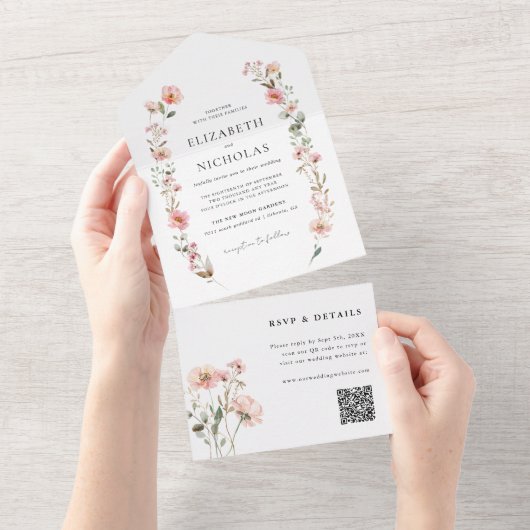 Elegant Waterverf Wildflower Garden Wedding All In One Uitnodiging (Afscheurbaar)