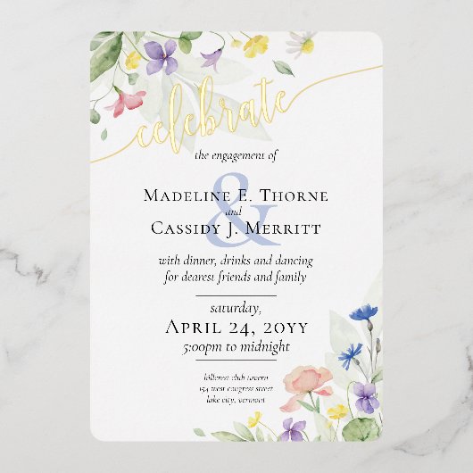 Elegant Waterverf Wildflower Marriage Verloving Folie Uitnodiging (Voorkant)