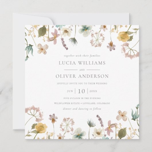 Elegant Waterverf Wildflower Square Wedding Kaart (Voorkant)
