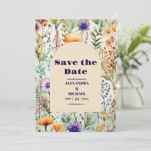 Elegant Waterverf Wildflower Weddenschap Save The Date (Staand voorkant)