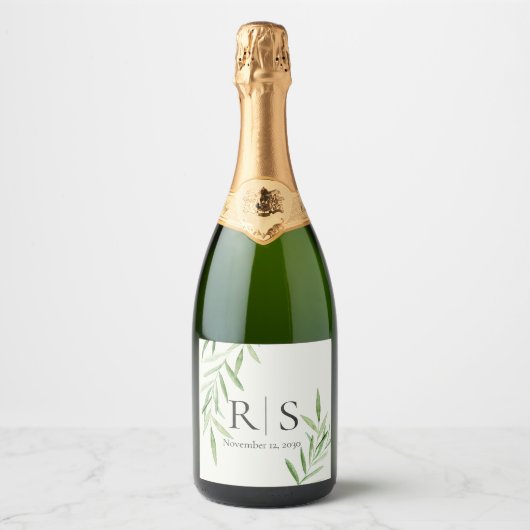 Elegant Waterverf Willow Botanisch Monogram Sparkling Wijnetiket (Voorkant)