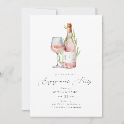 Elegant Waterverf Wine Monogram Engagement Party Kaart (Voorkant)
