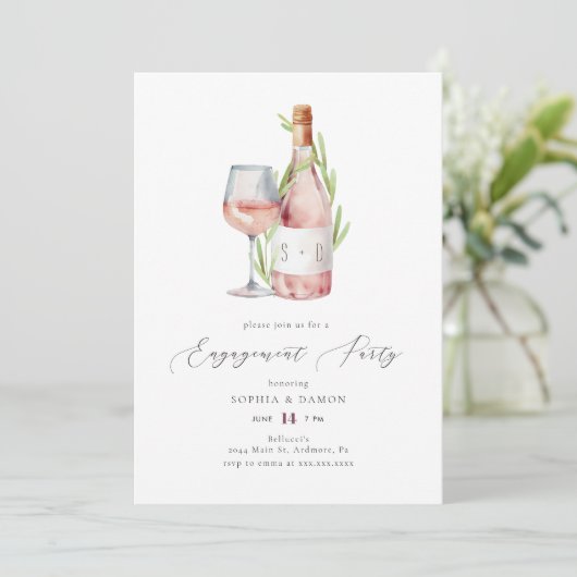 Elegant Waterverf Wine Monogram Engagement Party Kaart (Staand voorkant)