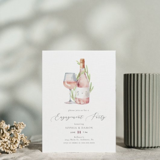Elegant Waterverf Wine Monogram Engagement Party Kaart