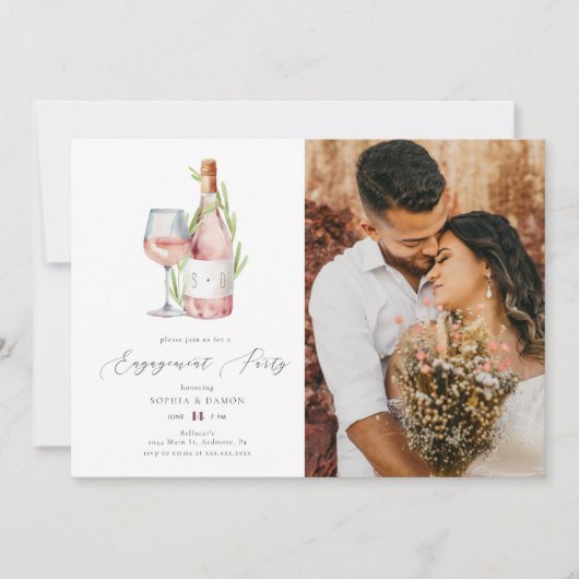 Elegant Waterverf Wine Monogram Engagement Party Kaart (Voorkant)