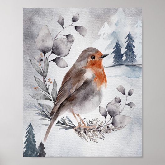 Elegant Waterverf Winter American Robin Poster (Voorkant)