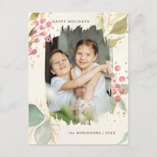 Elegant Waterverf Winter Berries & Greenery Foto Feestdagenkaart