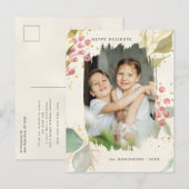 Elegant Waterverf Winter Berries & Greenery Foto Feestdagenkaart (Voorkant / Achterkant)