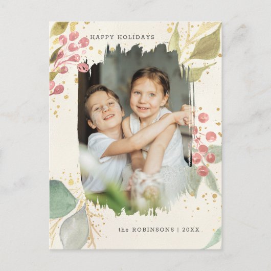 Elegant Waterverf Winter Berries & Greenery Foto Feestdagenkaart (Voorkant)