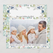 Elegant Waterverf Winter Blue Floral Foto Feestdagenkaart (Voorkant / Achterkant)