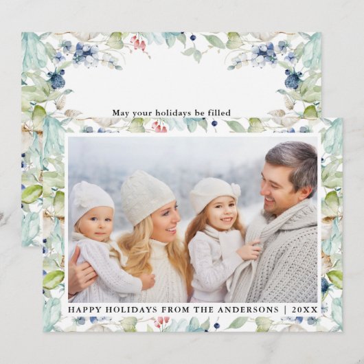 Elegant Waterverf Winter Blue Floral Foto Feestdagenkaart (Voorkant / Achterkant)
