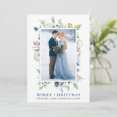 Elegant Waterverf Winter Blue Floral Pas getrouwd Feestdagenkaart (Staand voorkant)