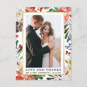Elegant Waterverf Winter Floral Love and Bedankt Briefkaart