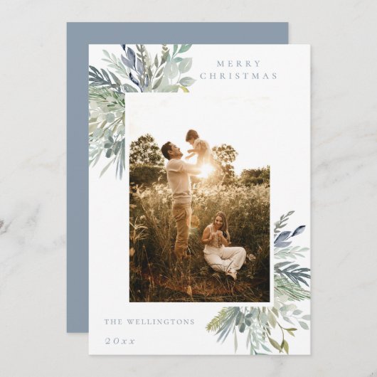 Elegant Waterverf Winter Foliage Single Photo Feestdagenkaart (Voorkant / Achterkant)