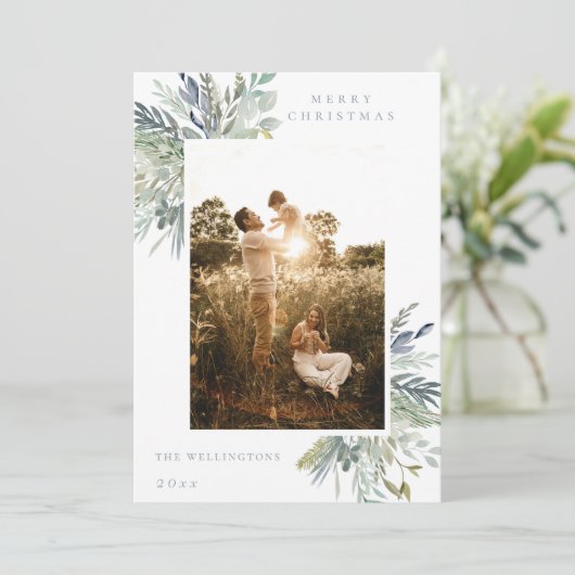 Elegant Waterverf Winter Foliage Single Photo Feestdagenkaart (Staand voorkant)