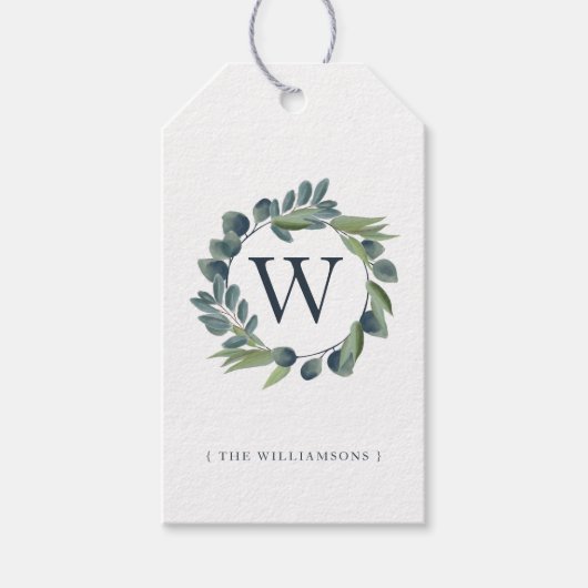Elegant Waterverf Winter Foliage Wreatmonogram Cadeaulabel (Voorkant)