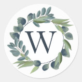 Elegant Waterverf Winter Foliage Wreatmonogram Ronde Sticker (Voorkant)