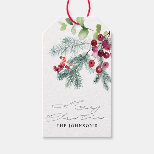 Elegant Waterverf Winter Greenery Red Berries Cadeaulabel (Voorkant)