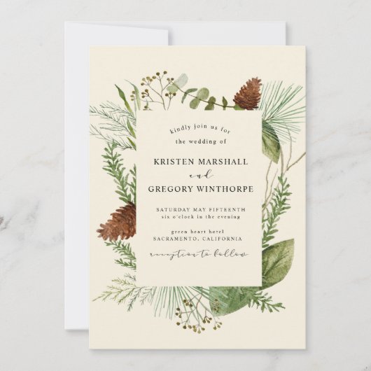 Elegant Waterverf Winter Greenery Wedding Kaart (Voorkant)
