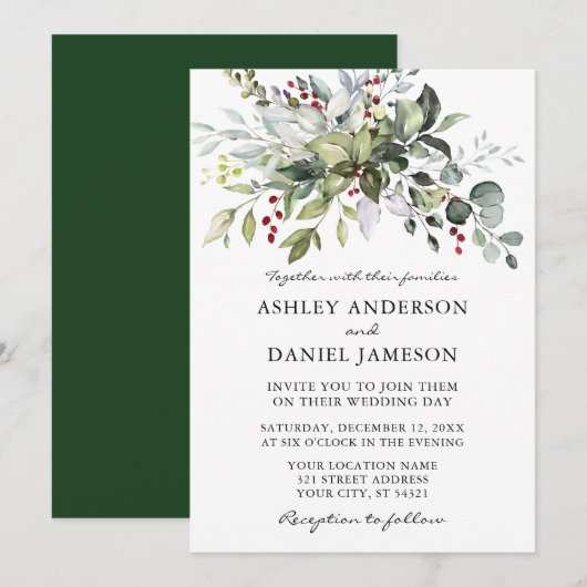 Elegant Waterverf Winter Greenery Wedding Kaart (Voorkant / Achterkant)