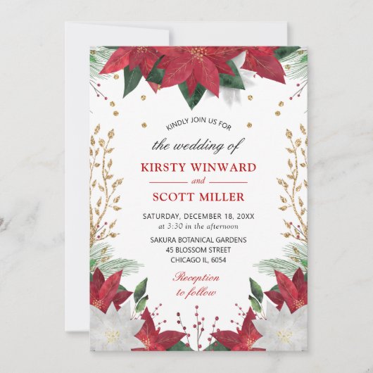 Elegant Waterverf Winter Red Poinsettia Wedding Kaart (Voorkant)