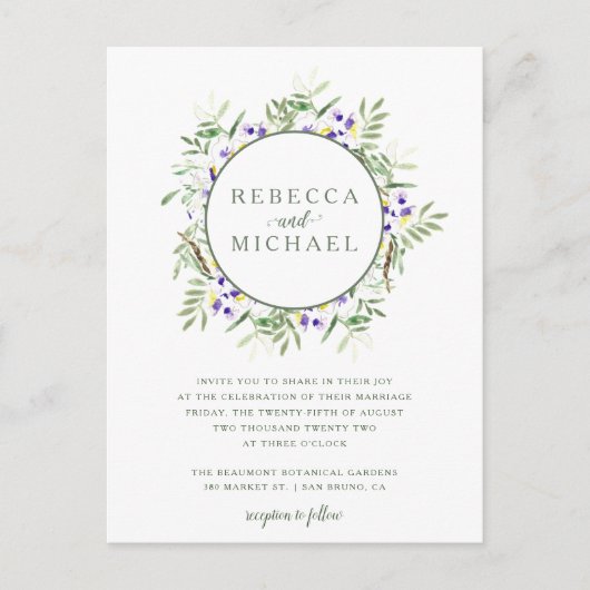 Elegant Waterverf Wisteria Wreath Wedding Uitnodiging Briefkaart (Voorkant)