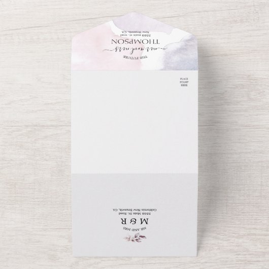 Elegant Waterverf Witte Paarse bladeren Weddenscha All In One Uitnodiging (Buitenkant)