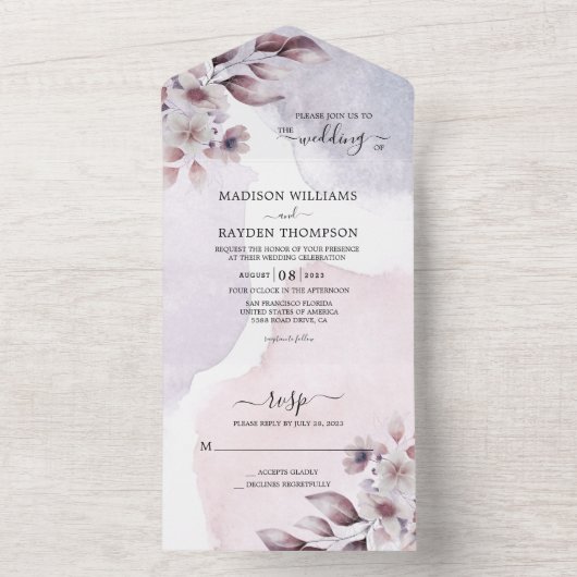 Elegant Waterverf Witte Paarse bladeren Weddenscha All In One Uitnodiging (Binnen)