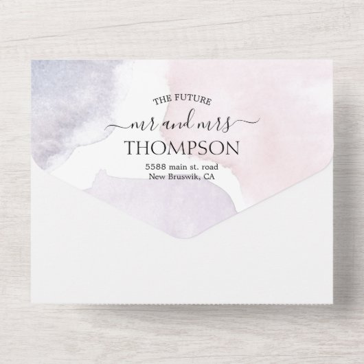 Elegant Waterverf Witte Paarse bladeren Weddenscha All In One Uitnodiging (Achterkant)