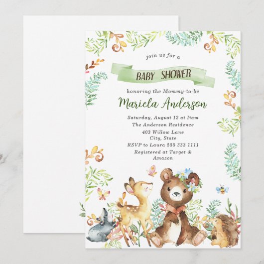 Elegant Waterverf Woodland Animals Baby shower Kaart (Voorkant / Achterkant)