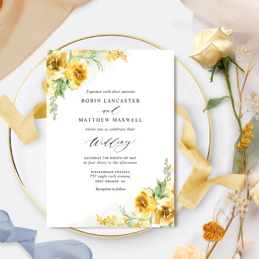 Elegant Waterverf Yellow Tones Floral Wedding Kaart