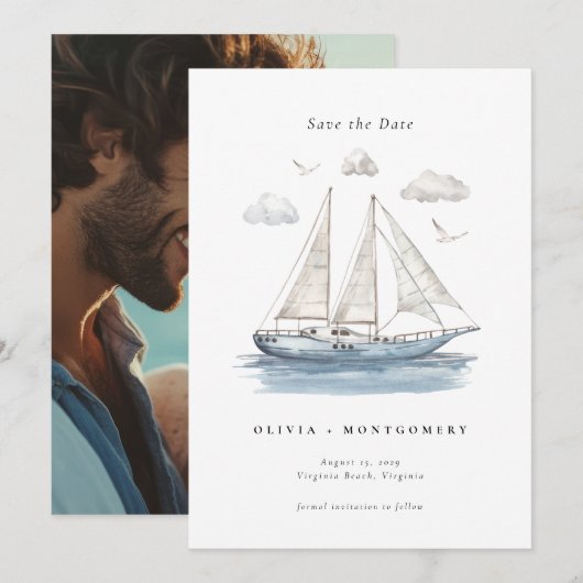 Elegant Waterverf zeiljacht Save the Date Kaart (Voorkant / Achterkant)