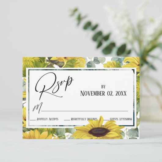 Elegant Waterverf Zonnebloem & Eucalyptus RSVP Kaartje (Staand voorkant)